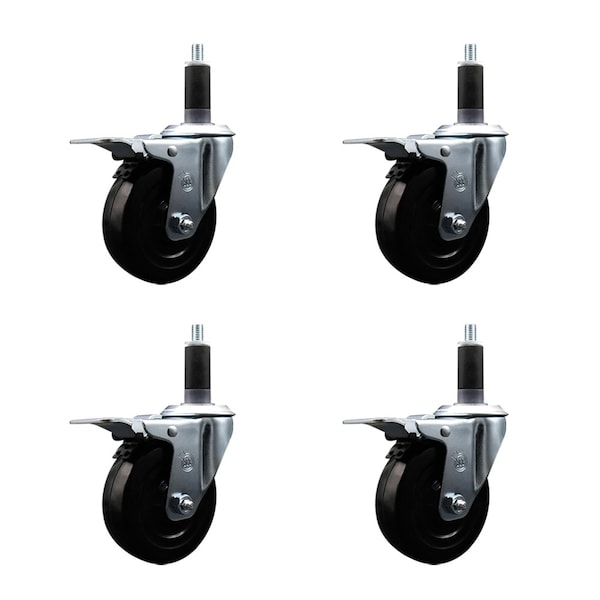 4'' SS Hard Rubber Swivel 1-1/8'' Expand Stem Caster Set Total Lock Brake, 4PK